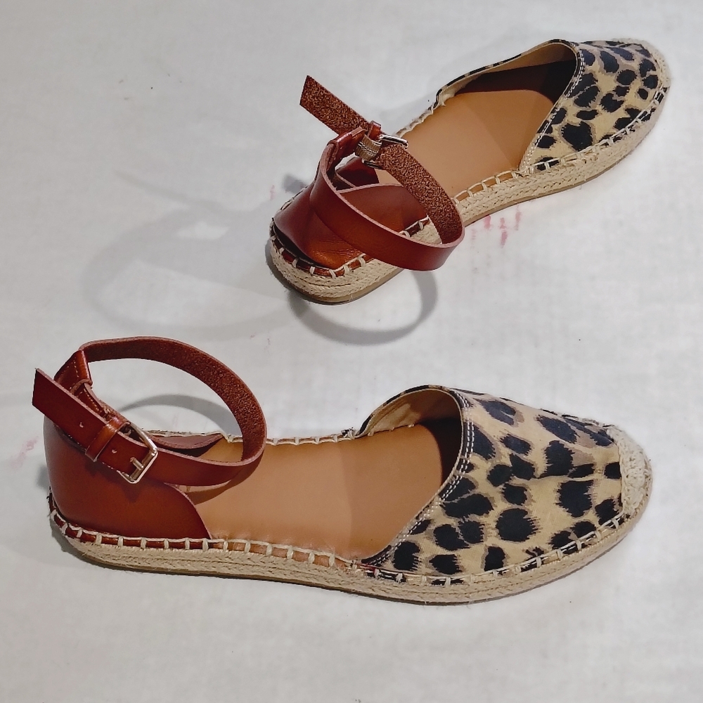 Leopard Print Espadrille Flats with Brown Ankle Strap Size 9.5